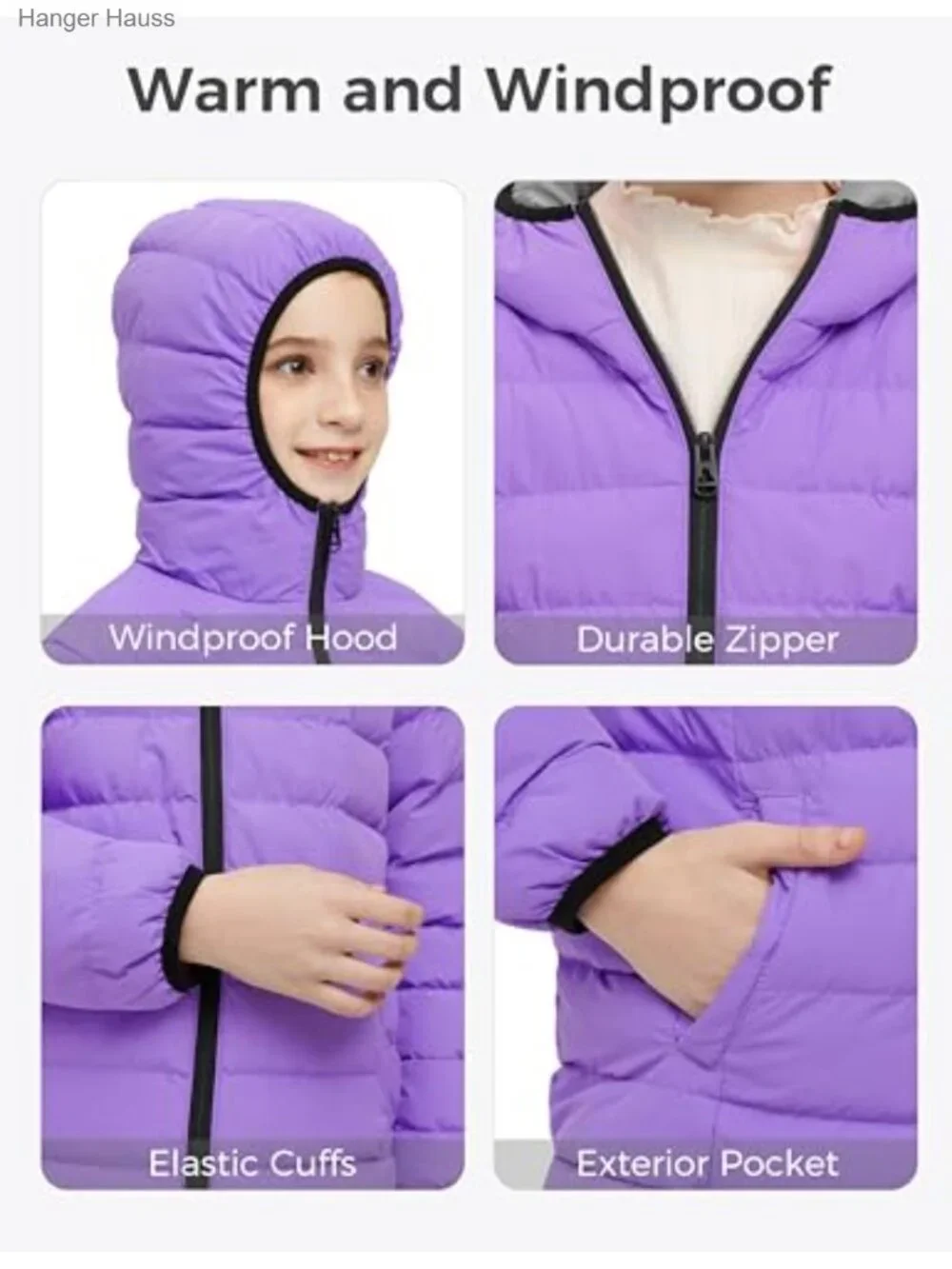 Girls' Winter Puffer Coat Waterproof Insulated Hooded Jacket with Zipper Pockets
